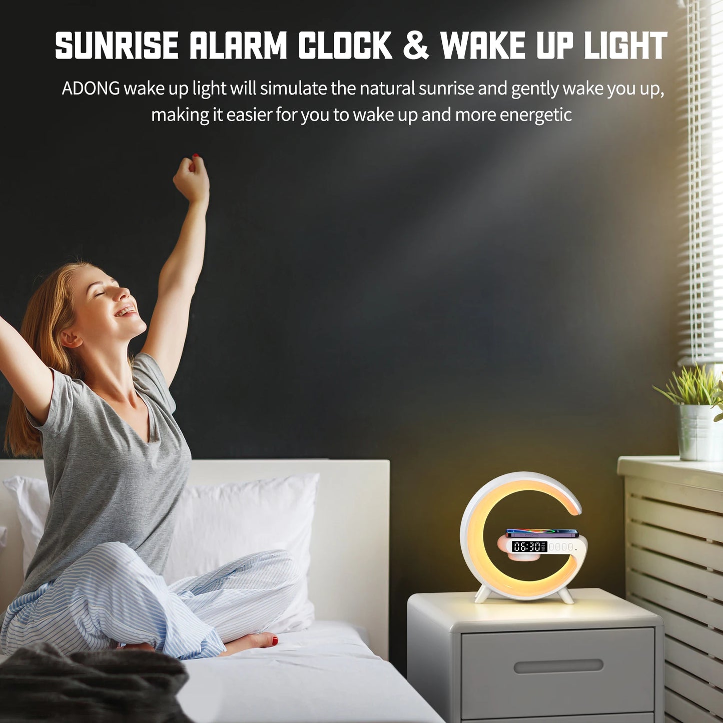 Smart Wake Up Light Alarm Clock with Wireless Charger Bluetooth Speaker RGB Night Lamp for Bedroom Bedside Lamp