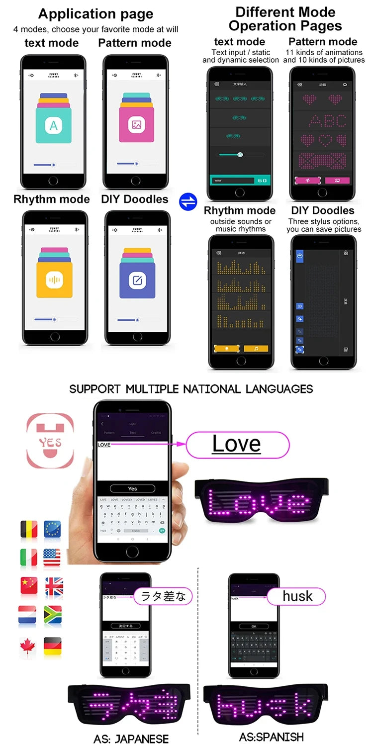 LED Smart Glasses – Bluetooth App Control LED Display Glasses for Music Festivals, Raves & Summer Parties