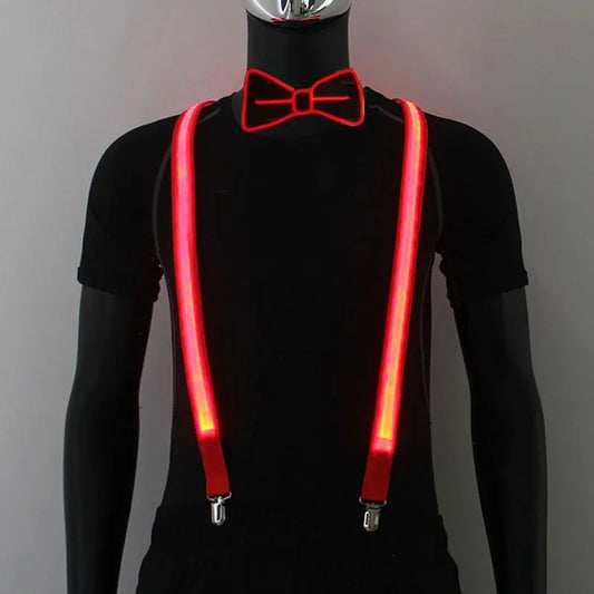 LED Suspenders & Bow Tie Set – Light Up Festival Outfit Accessories for Parties, Raves & Halloween
